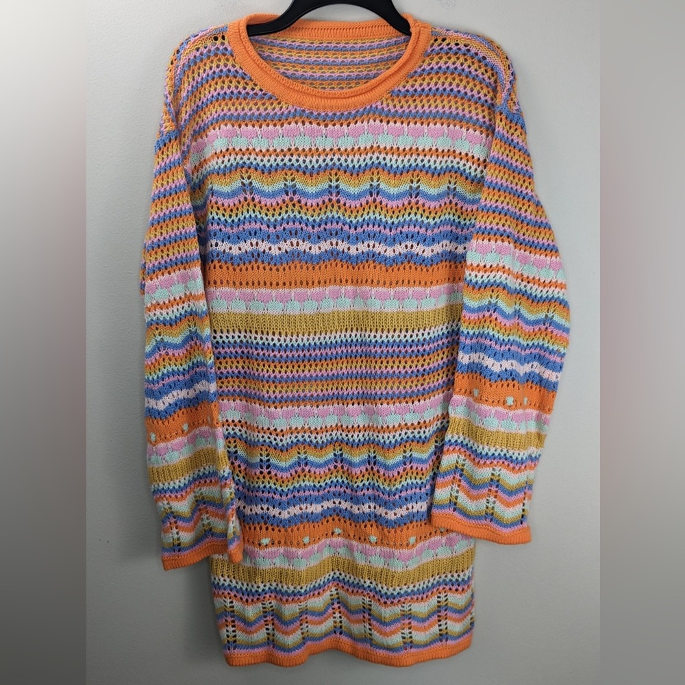 Hand Crocheted Tunic Length Orange Multicolor Sweater Sz L